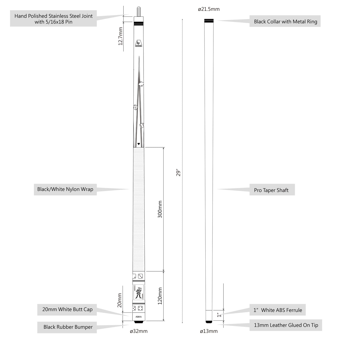 Infographic detailing cue stick dimensions and components