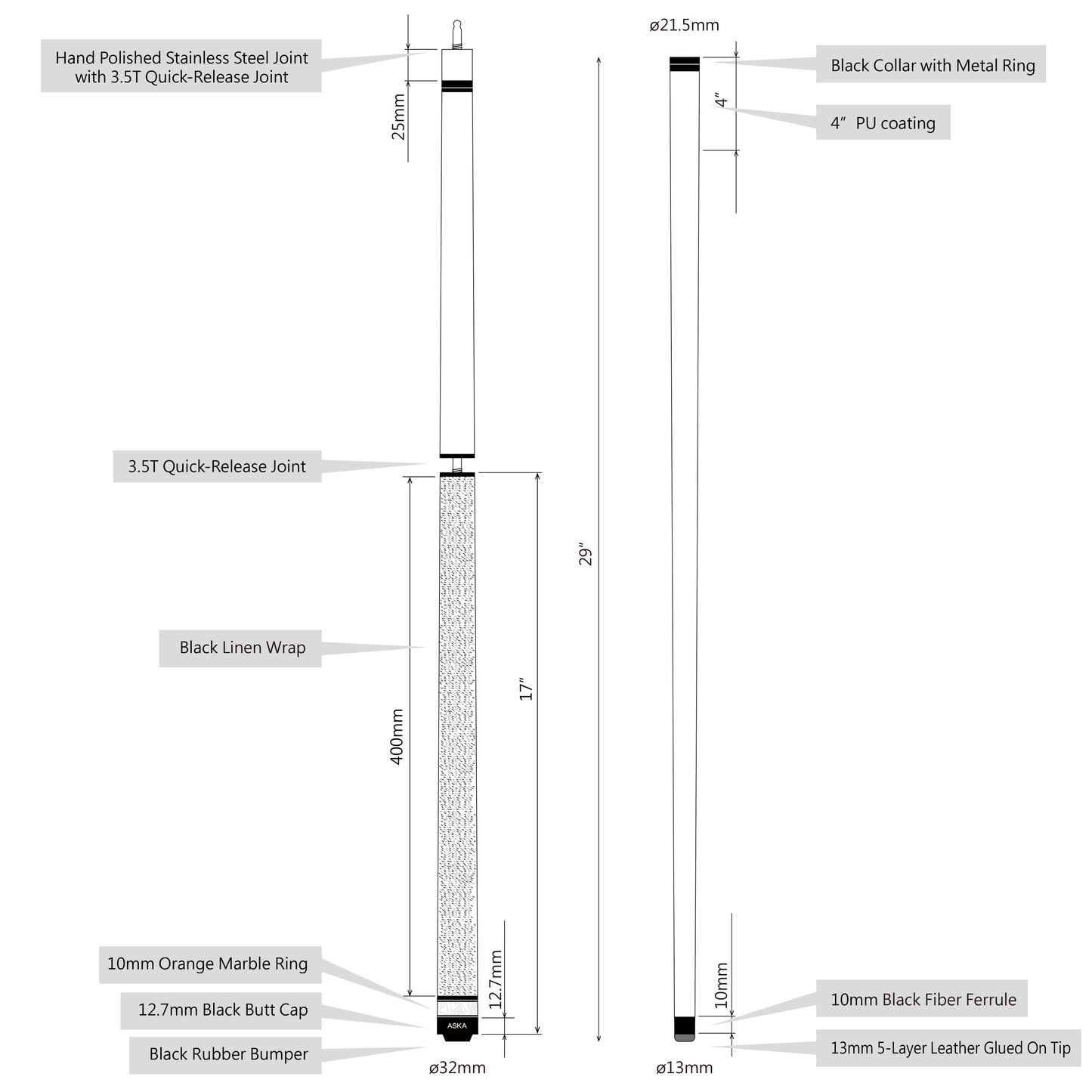 ASKA Jump Break Cue Stick JBC Orange Ring, 3-Piece Construction, Jump/Break Cue. 13mm Tip, Hard Rock Canadian Maple