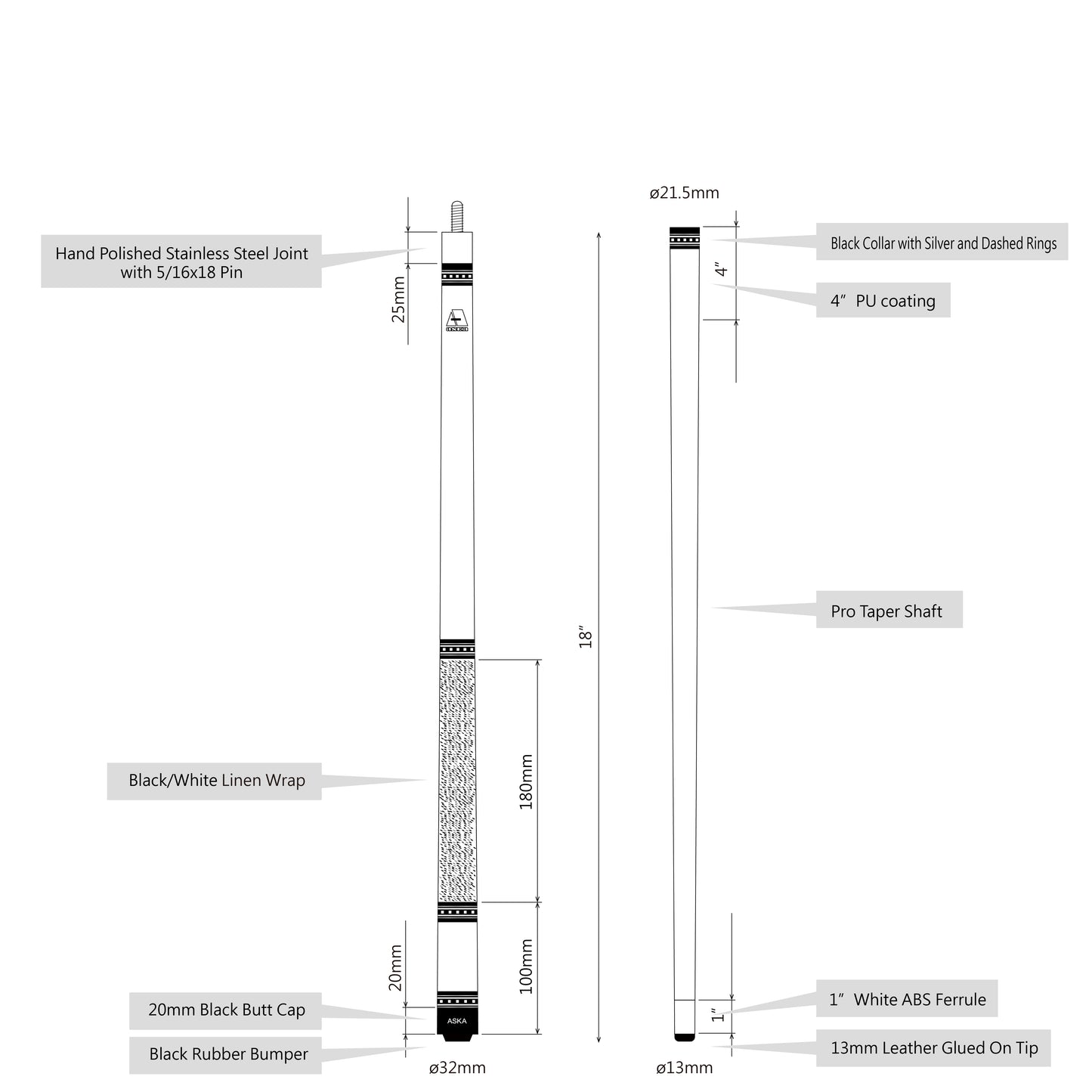 ASKA Pool Cue Black, 36" Stick, L9S36BLK