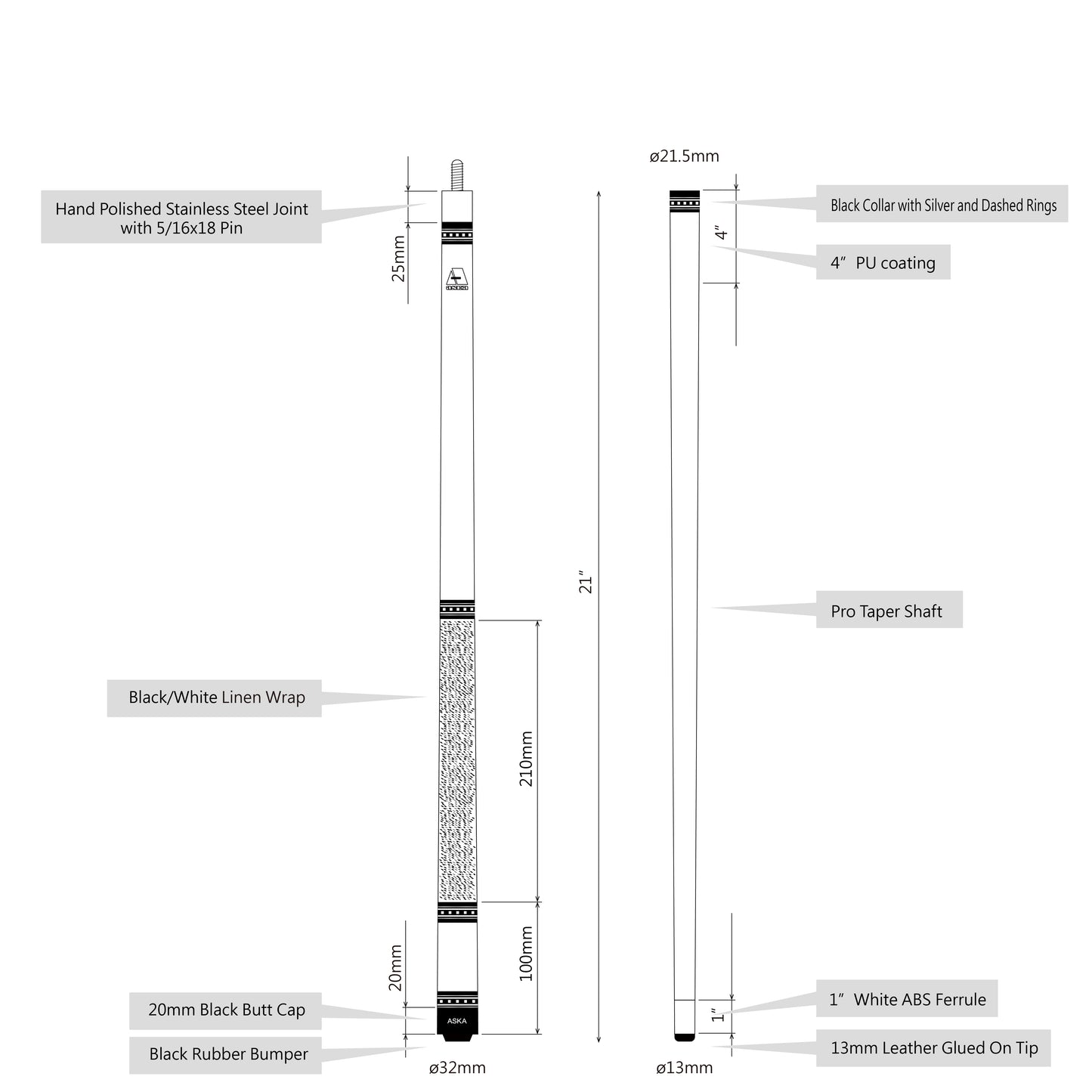 ASKA Blue 42" Short Pool Cue – Black Irish Linen Wrap, Maple Shaft, 13mm Tip, 2-Piece (L9S42BLU) billiard pool cue stick by ASKA