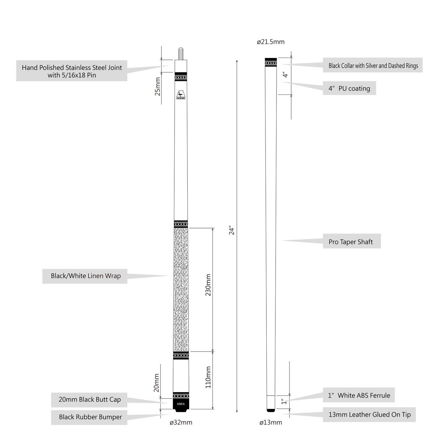 ASKA Red 48" Short Pool Cue – Black Irish Linen Wrap, Maple Shaft, 13mm Tip, 2-Piece (L9S48RD) billiard pool cue stick by ASKA