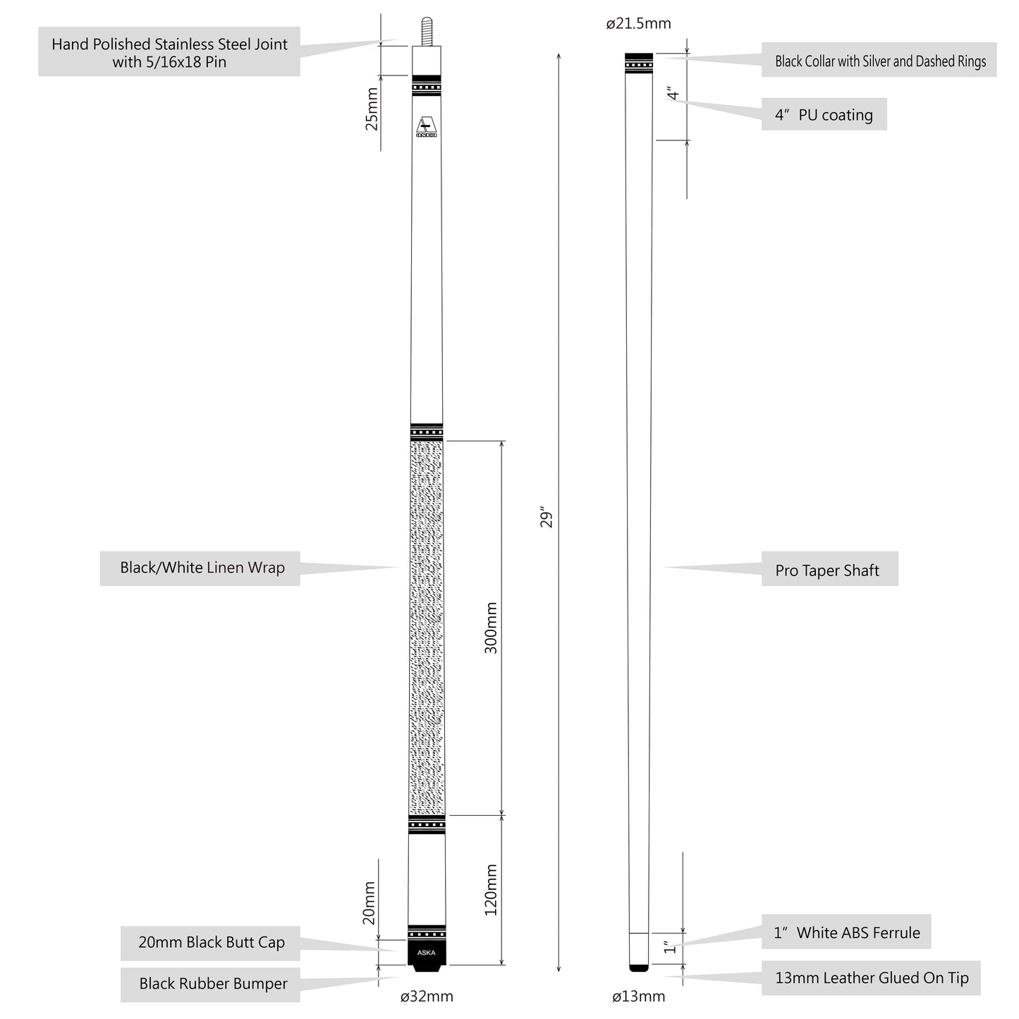 ASKA Set of 5 L9 Pool Cue Sticks 58", 2-Piece Construction, 5/16x18 Joint, Hard Rock Canadian Maple, 13mm Hard Glued On Tip, Mixed Weights and Colors, L9S5