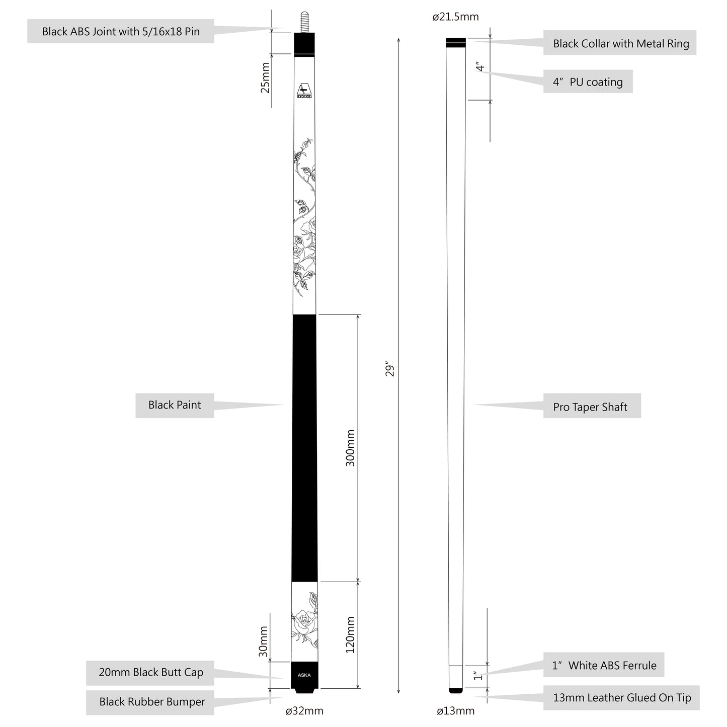 ASKA Custom Pool Cue Black Rose, 13mm Hard Leather Tip, Canadian Hard Rock Maple, No Wrap