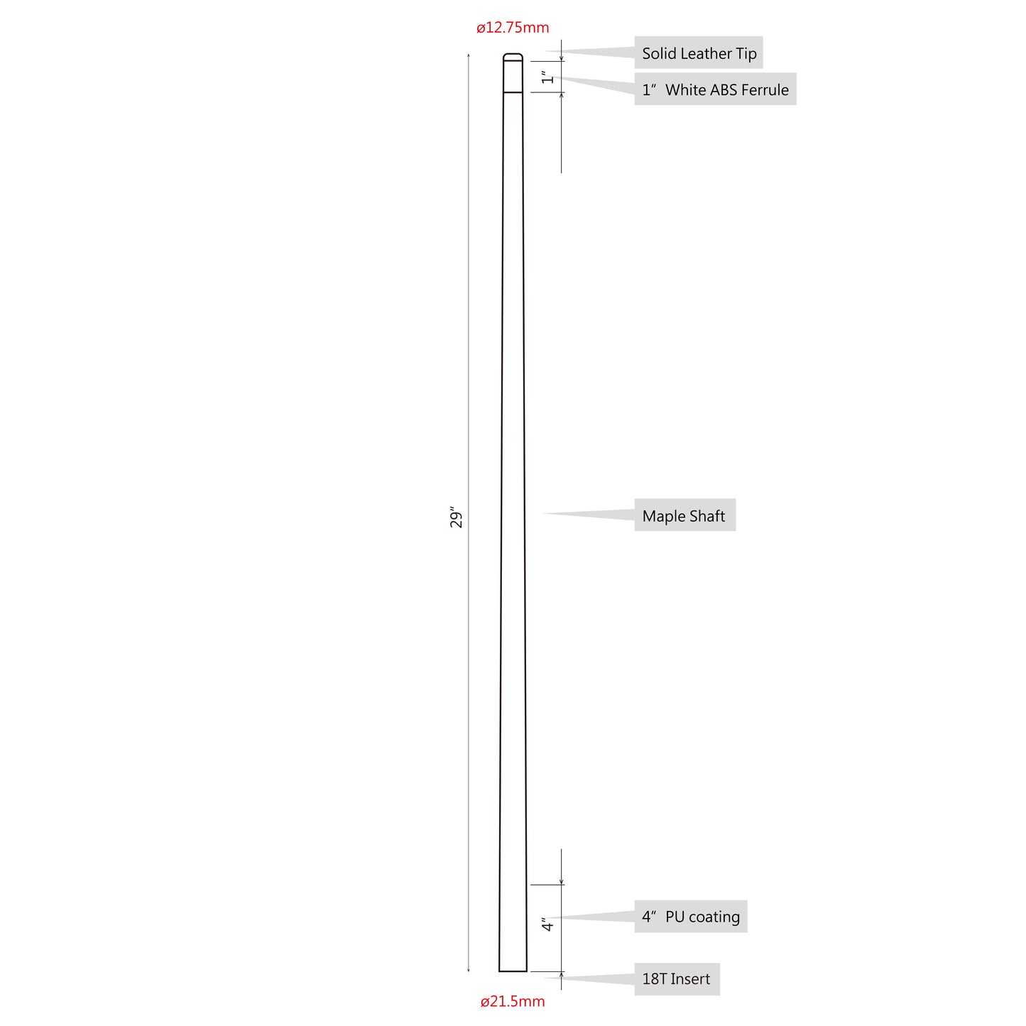 ASKA Sneaky Pete Style Extra Spare Shaft 5/16x18 Thread Joint 12.75mm Hard Brown Tip. Canadian Hard Rock Maple, No Collar, 29 inches, XSSP