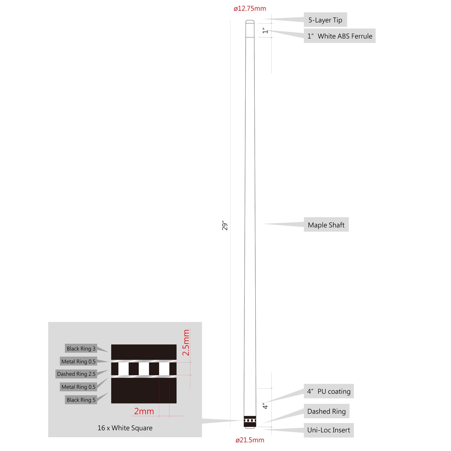 Infographic detailing cue shaft specifications and dimensions.