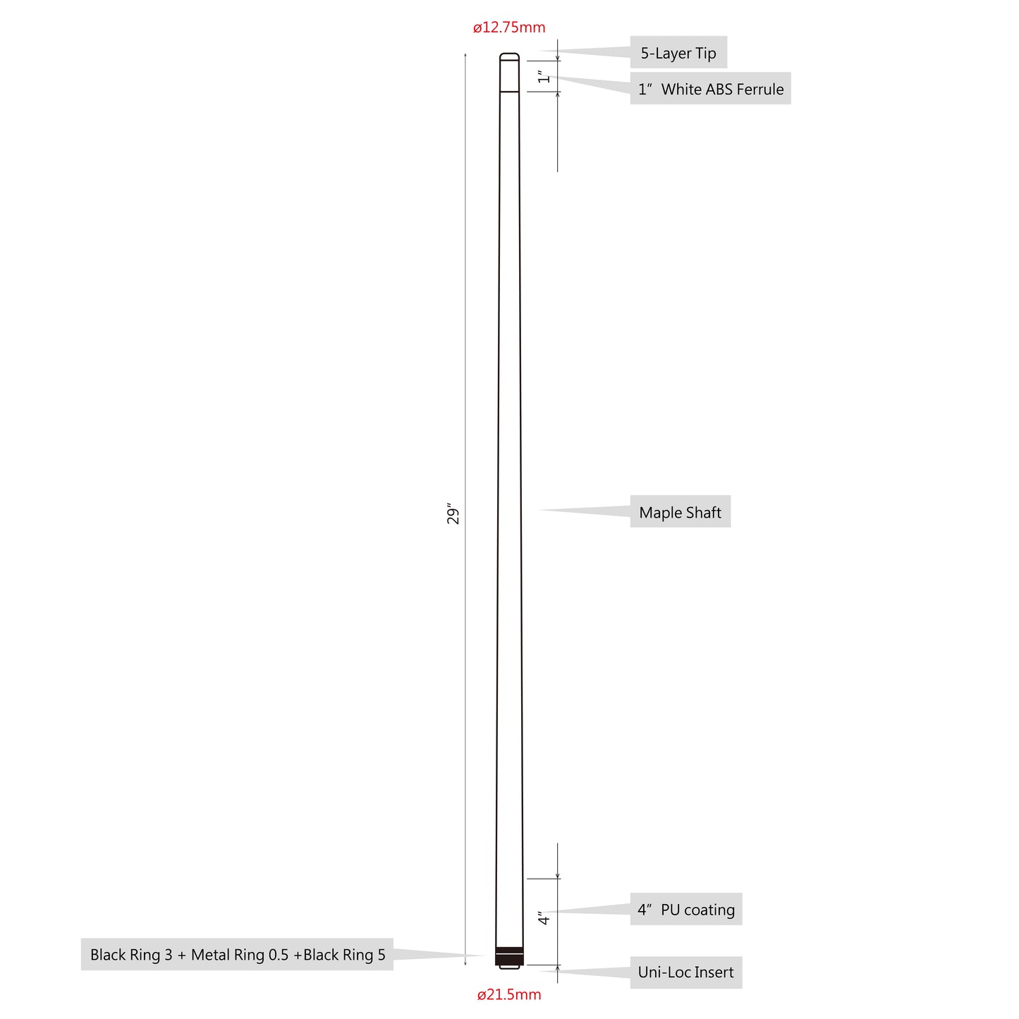 ASKA Uniloc 12.75mm Extra Spare Shaft with Metal Ring. Canadian Hard Rock Maple, Black Collar with Black Dashed Ring, XS1275SRUNI billiard pool cue stick by ASKA