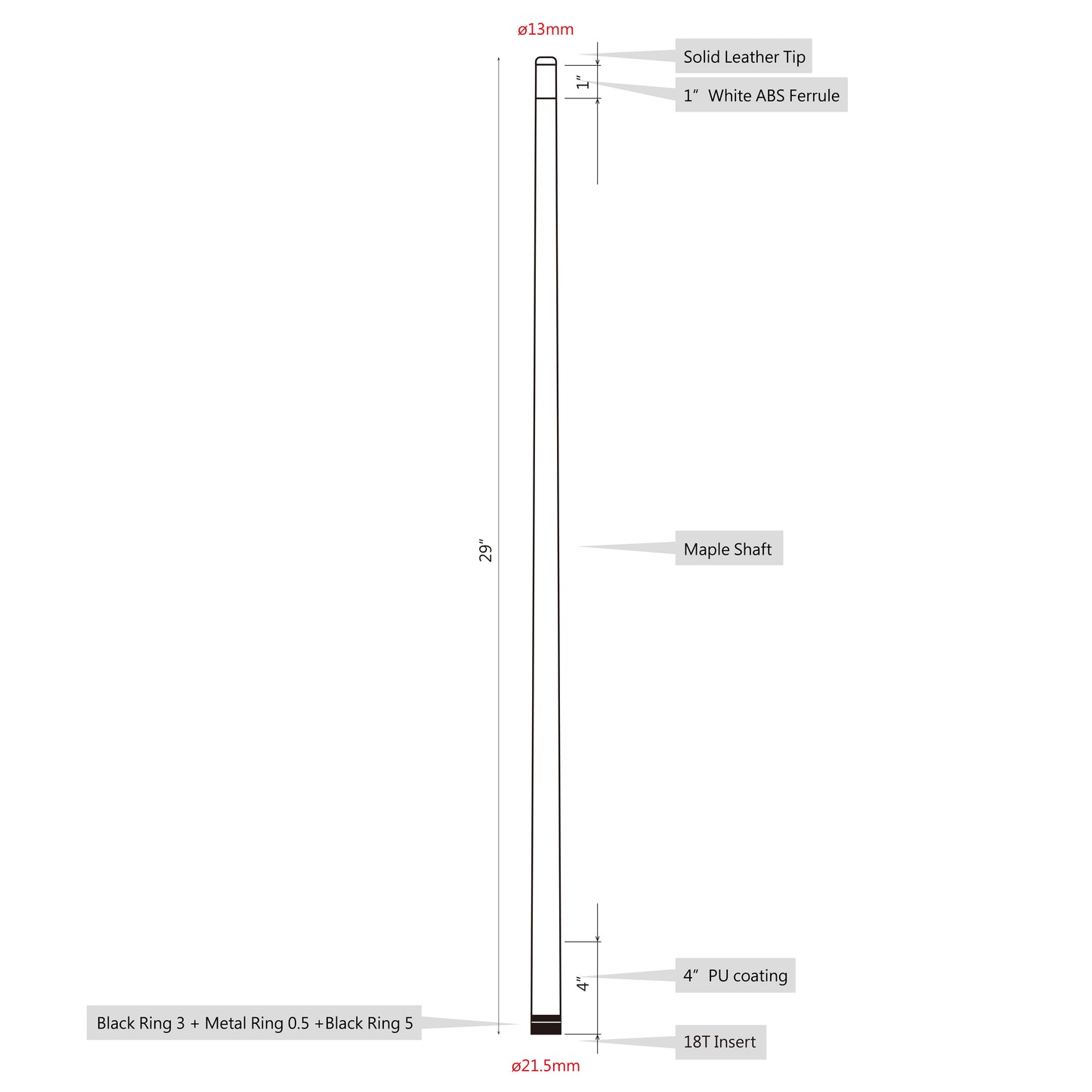 ASKA Extra Spare Shaft 5/16x18 Thread Joint 13mm Hard Brown Tip. Canadian Hard Rock Maple, Black Collar with Ring, 29 inches, XSL2