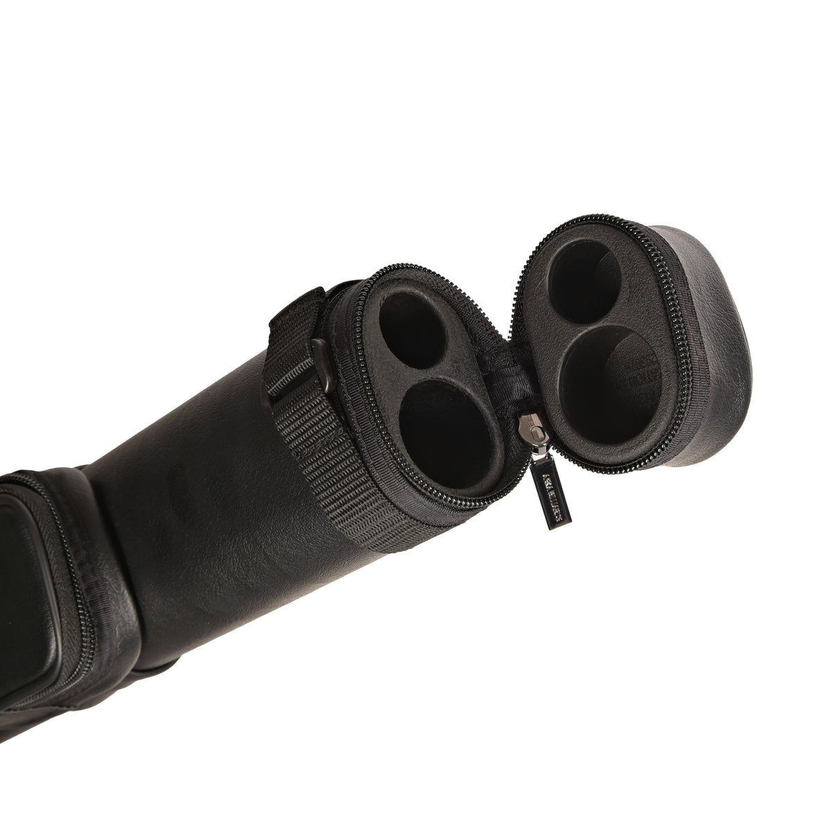 Open interior view of a billiard cue case showing four compartments.