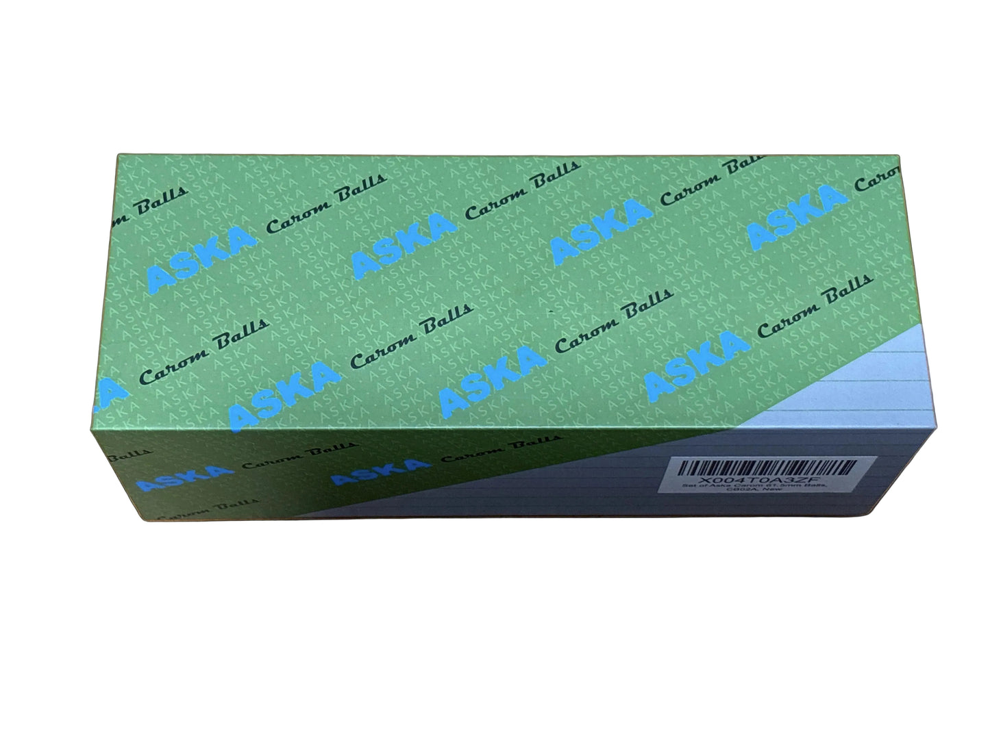 Closed green box with repeated Carom Balls logo pattern.