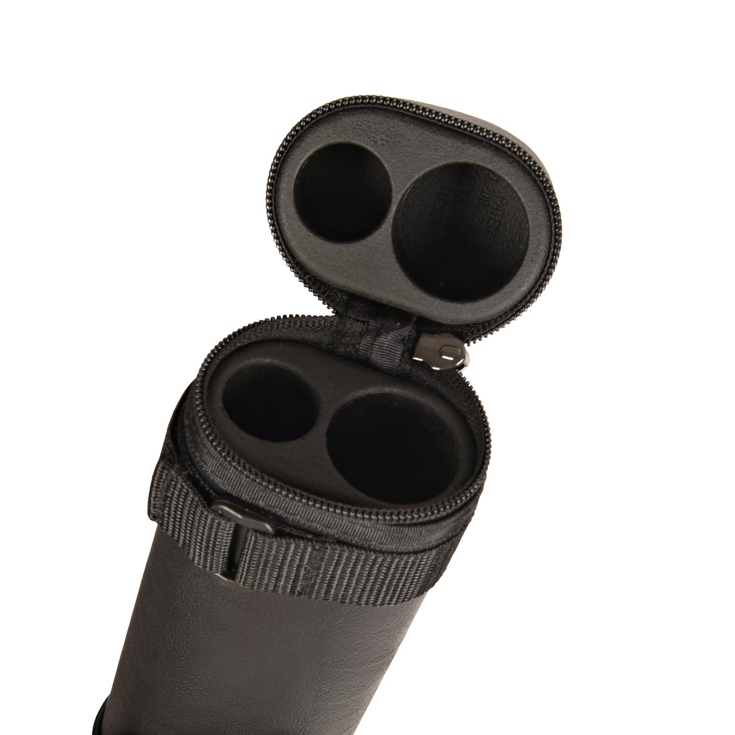 Overhead view of an interior billiard cue case interior compartments.