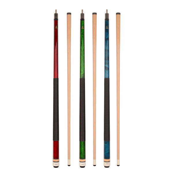 ASKA L2 billiard cue set in red, green, and blue with protective shaft sleeves.