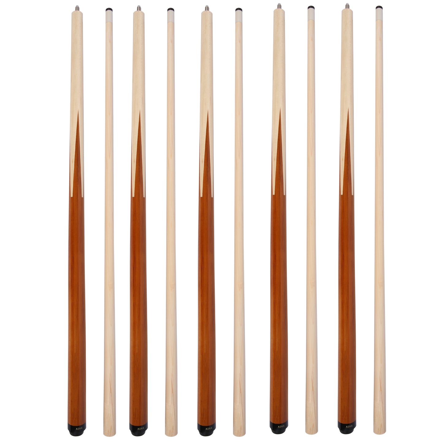 Set of 5 19-Ounce Aska SP1 Malaswood Sneaky Pete Billiard Pool Cue Sticks, 58" Hard Rock Canadian Maple, 13mm Hard Le Pro Tip, 2-Piece Construction. SP1S5