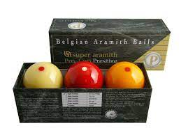 Overhead view of Super Pro-Cup Prestige billiard balls within their box.