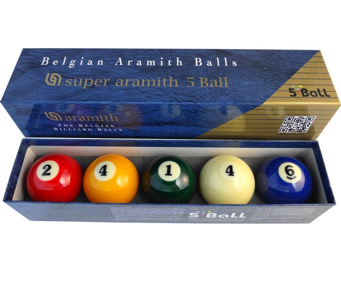 Front view of the 5-ball set in its blue box with balls 2, 4,