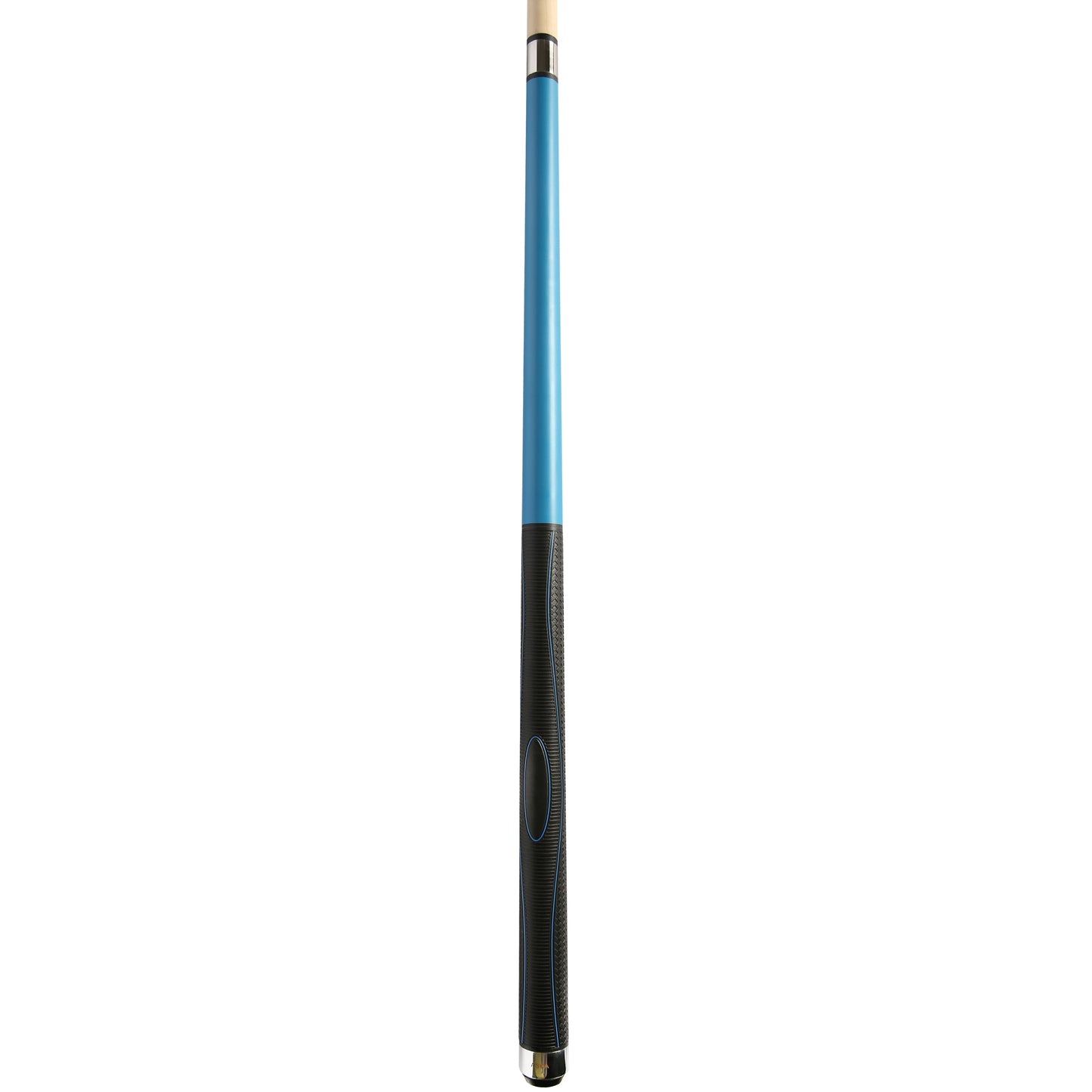 Angled view of the pool cue's grip and shaft.