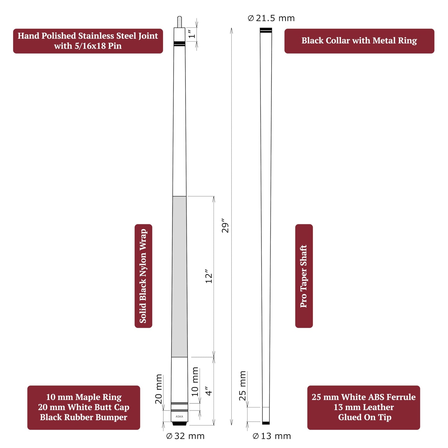ASKA Set of 2 Pool Cue Sticks, 58