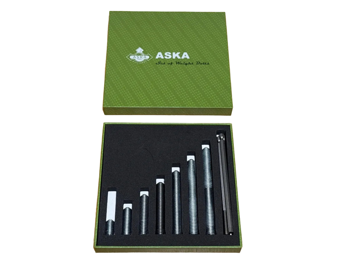 Open box displaying weight bolts and a small tool