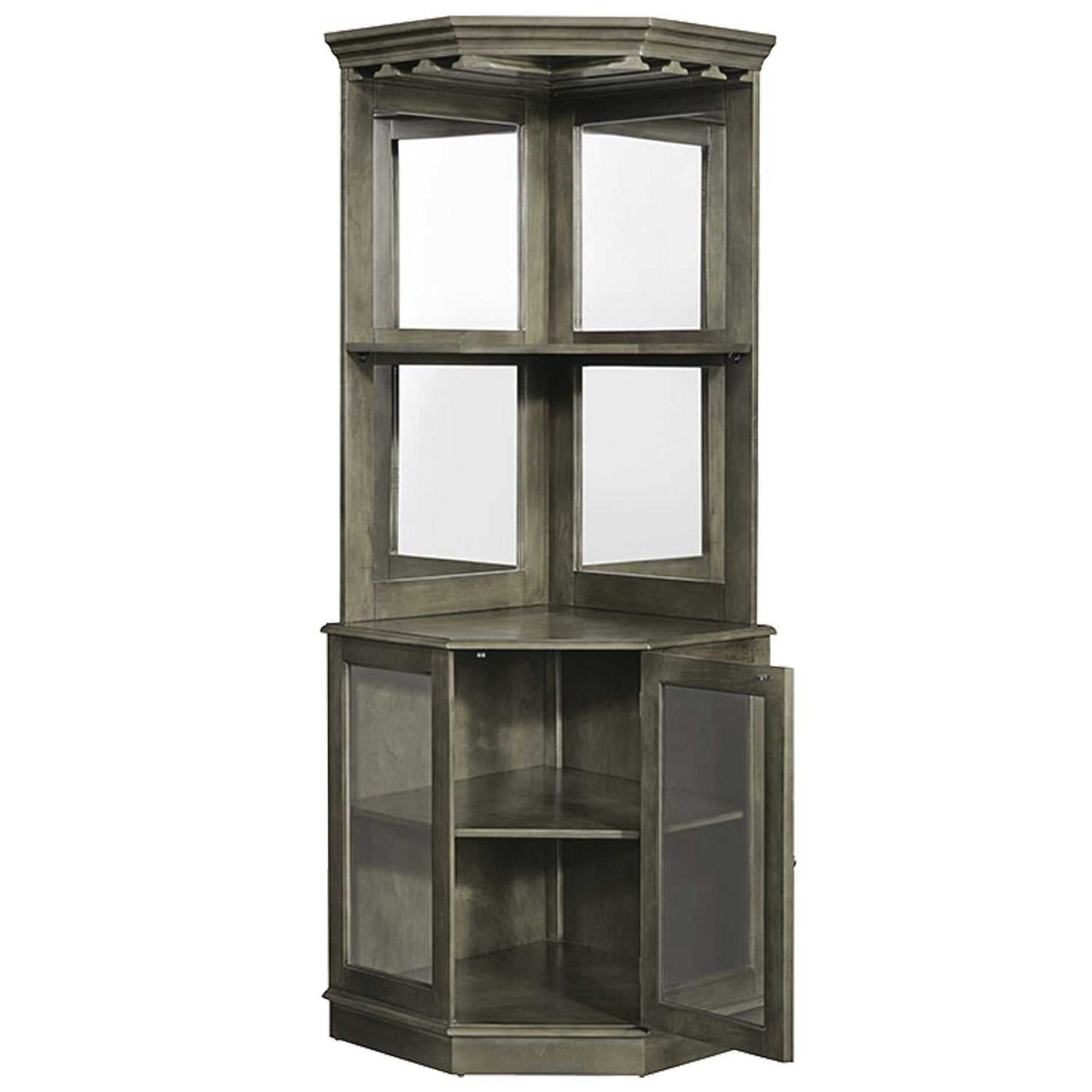 Corner bar cabinet with one lower door open, revealing interior shelves.