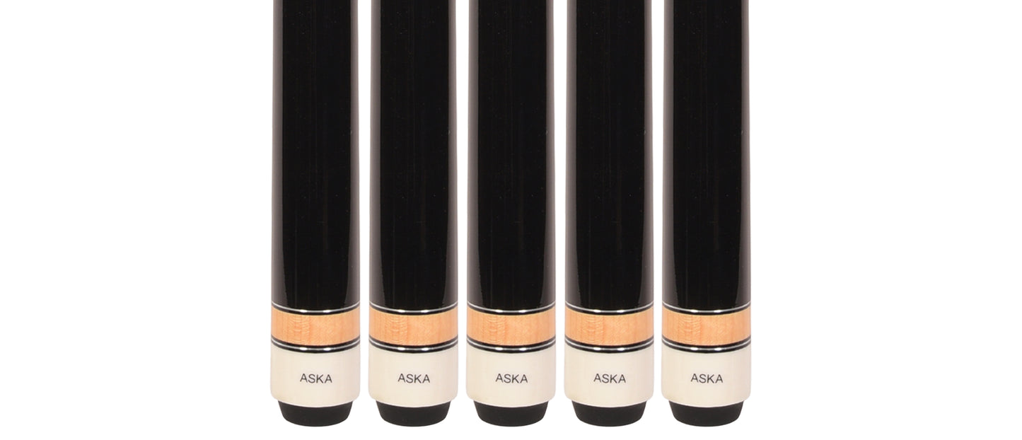 Set of 5 Aska L3 Black Pool Cue Sticks, 58", 13mm Tip, Hard Rock Canadian Maple Shaft, Wrapless, L3S5BLK