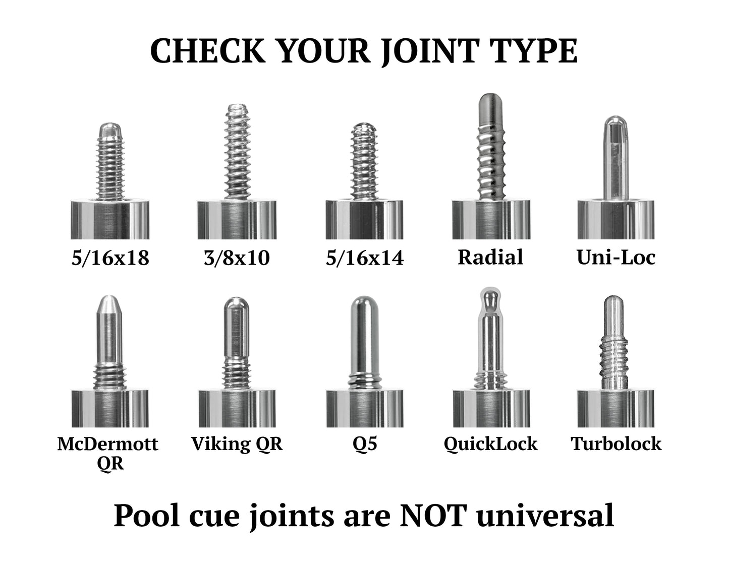 Text graphic illustrating different pool cue joint types for identification.
