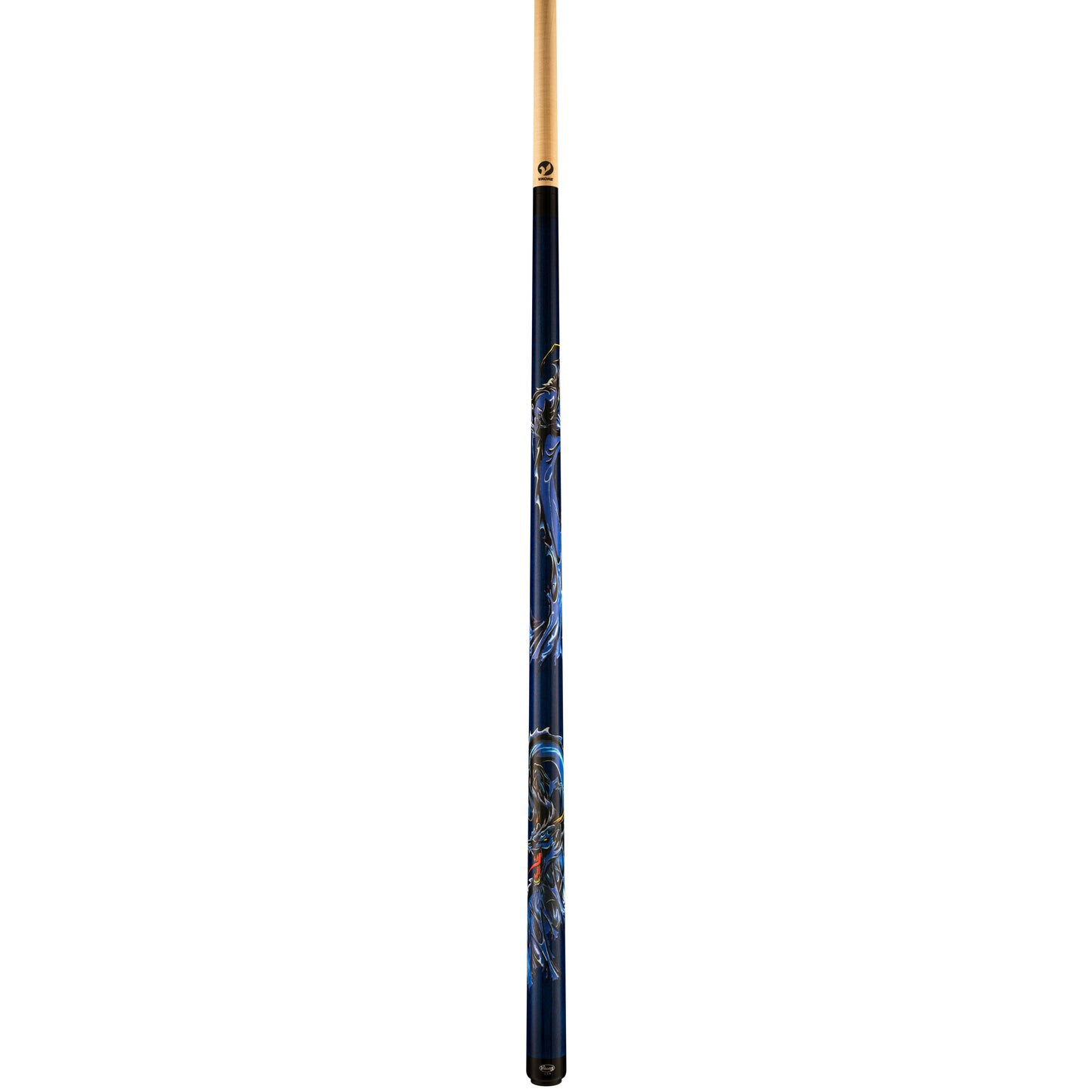 Full length profile view of pool cue with blue dragon design.