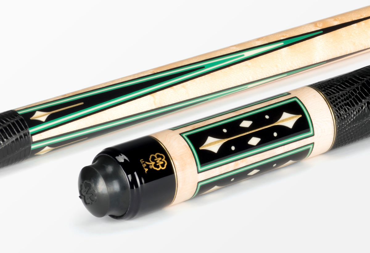 McDermott G1502 pool cue detail showing the sleeve inlays and joint collar.