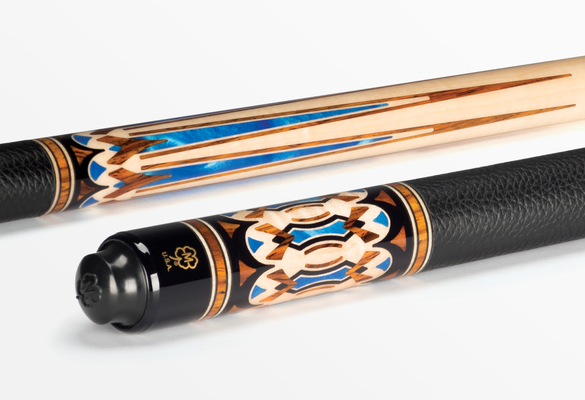 Close-up angled view of the pool cue's forearm and butt design elements.