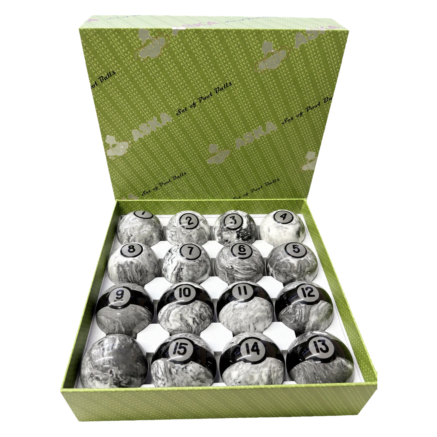 Aska Billiards Pool Boston Numbered Balls Set, 16 Balls Including a Cue Ball, 2 1/4 inch, PB05A