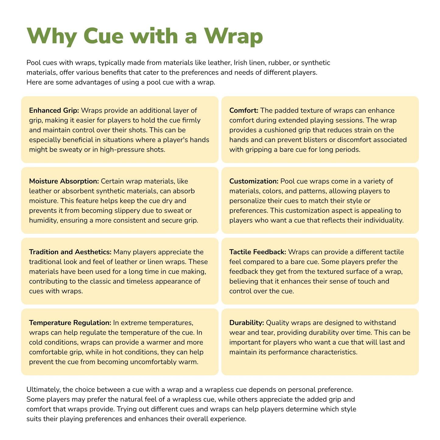 ASKA infographic — why choose a pool cue with a wrap: comfort, control, moisture resistance