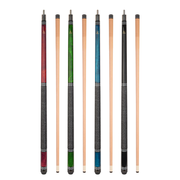 ASKA L9S4 set of four pool cues in red, green, blue, and black.
