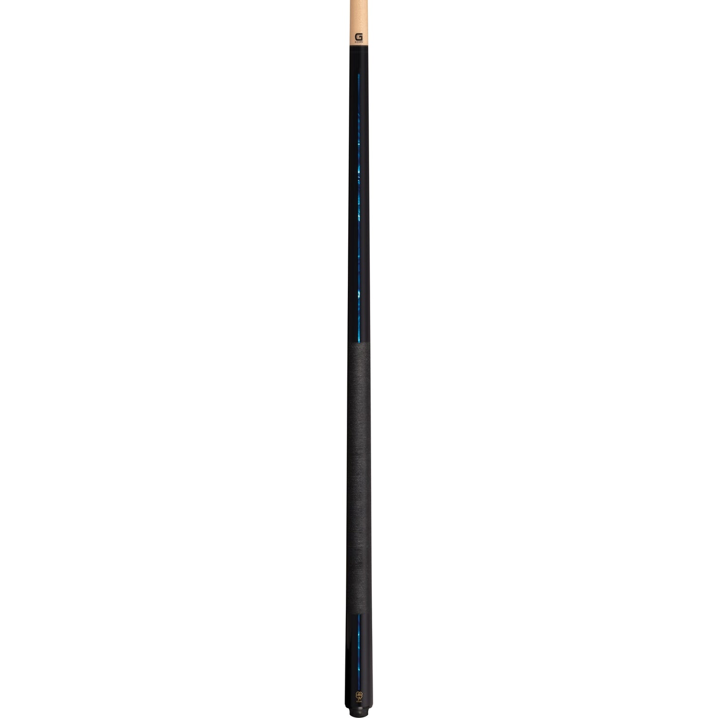 McDermott G521B pool cue full view showing black maple forearm, blue pearl inlays, and G-Core shaft.