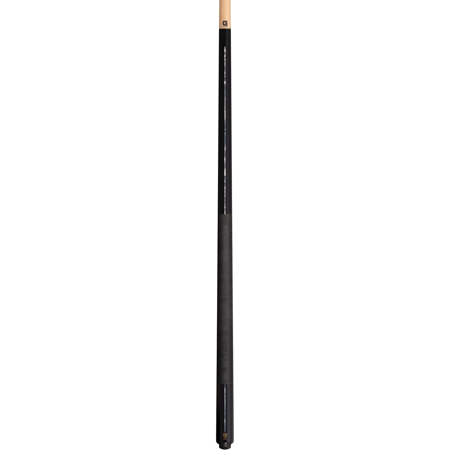 McDermott G521W pool cue full view with black maple, white pearl inlays, Irish linen wrap, and G-Core shaft.