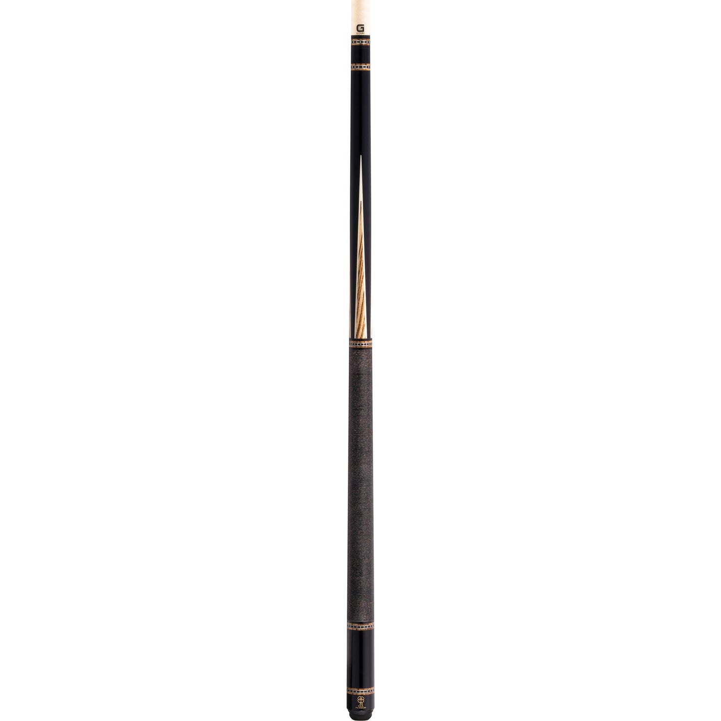 Full view of the McDermott H652 pool cue with black urethane forearm and sleeve, zebrawood points, and Irish linen wrap.
