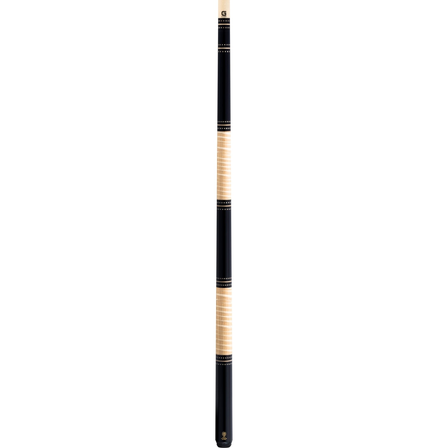 Full view of McDermott H654 Pool Cue with black urethane and curly maple design and G-Core shaft.