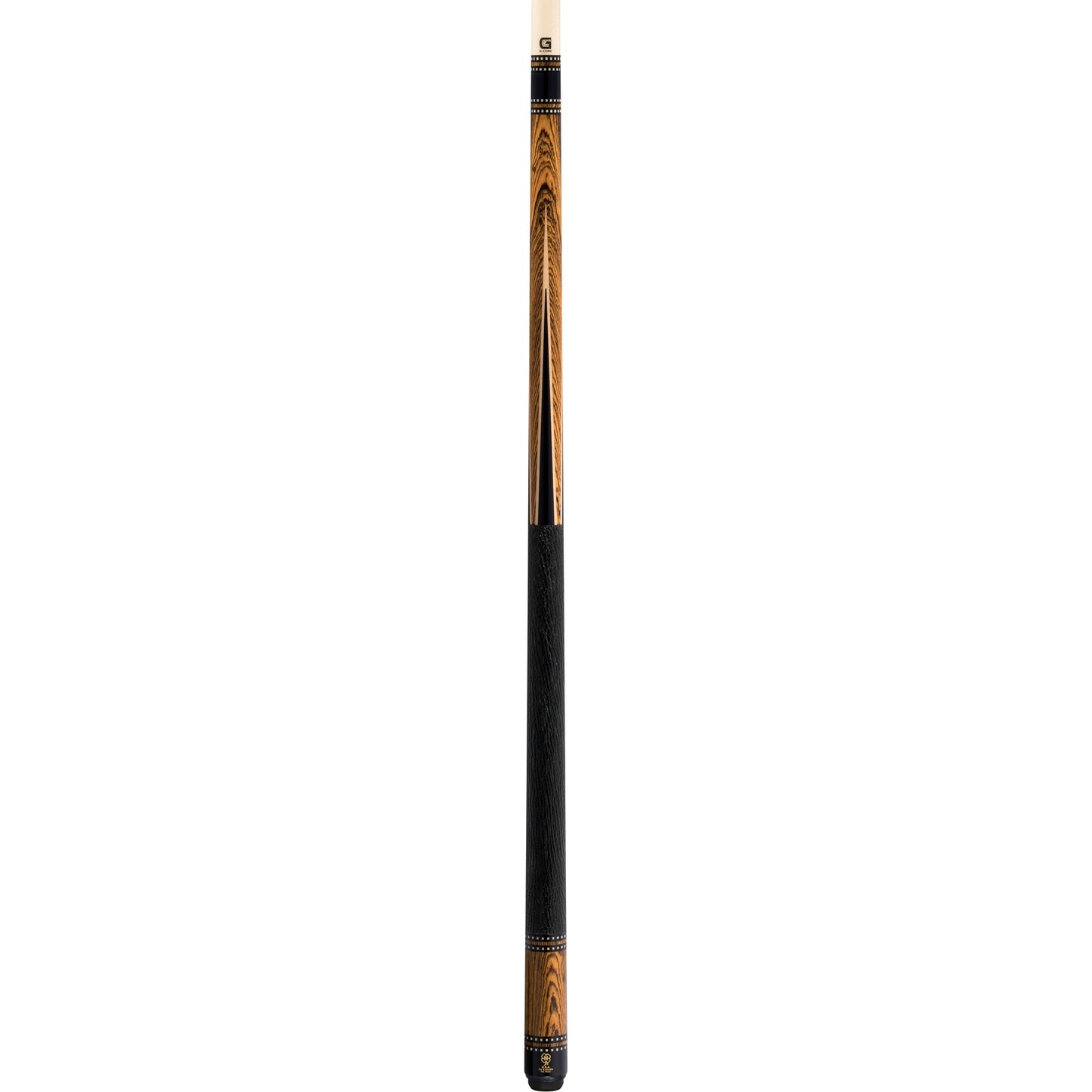 McDermott H852 pool cue: full-length view showing bocote forearm and sleeve, G-Core shaft, black shark leather wrap. (Full Cue)