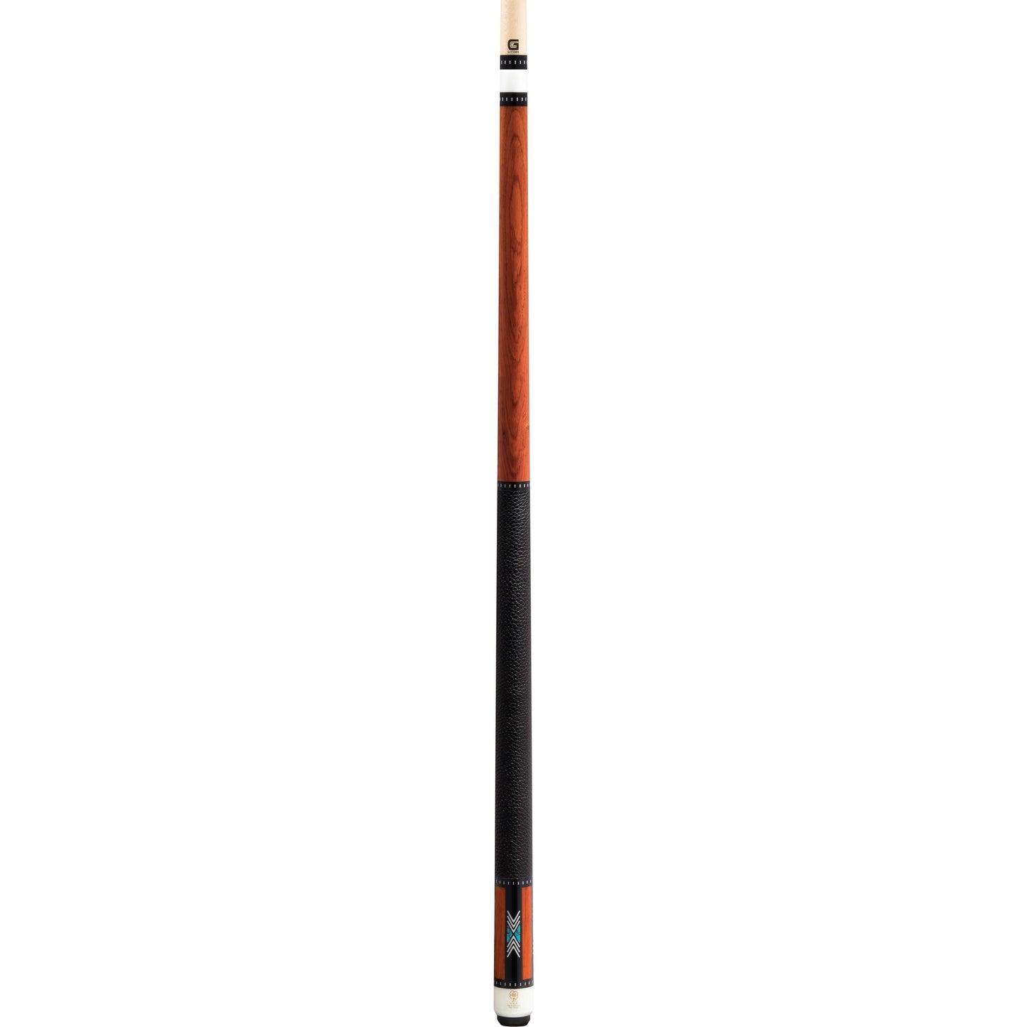 McDermott H950 Pool Cue full view, cocobolo, turquoise inlays, pig leather wrap, G-Core shaft.