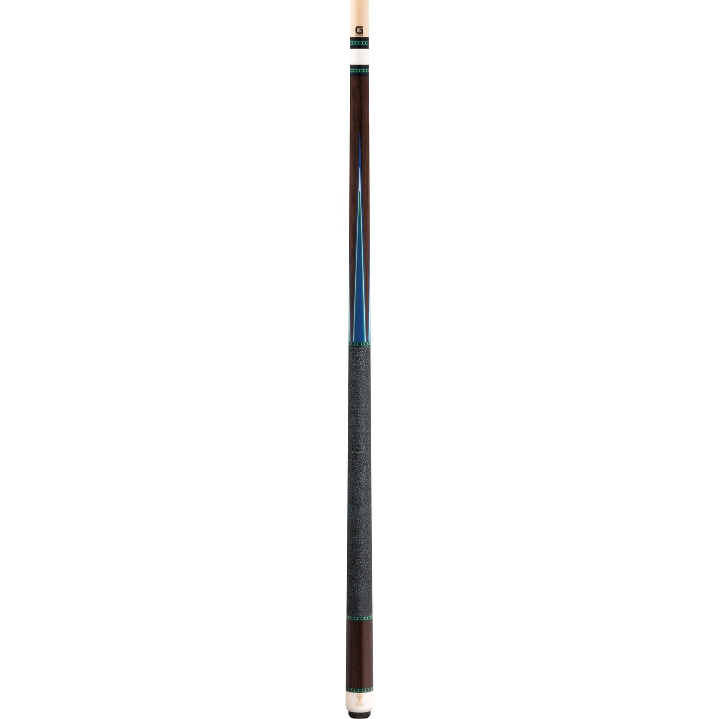 McDermott H951 pool cue full view showing rosewood forearm and sleeve, blue points, Irish linen wrap, and G-Core shaft.