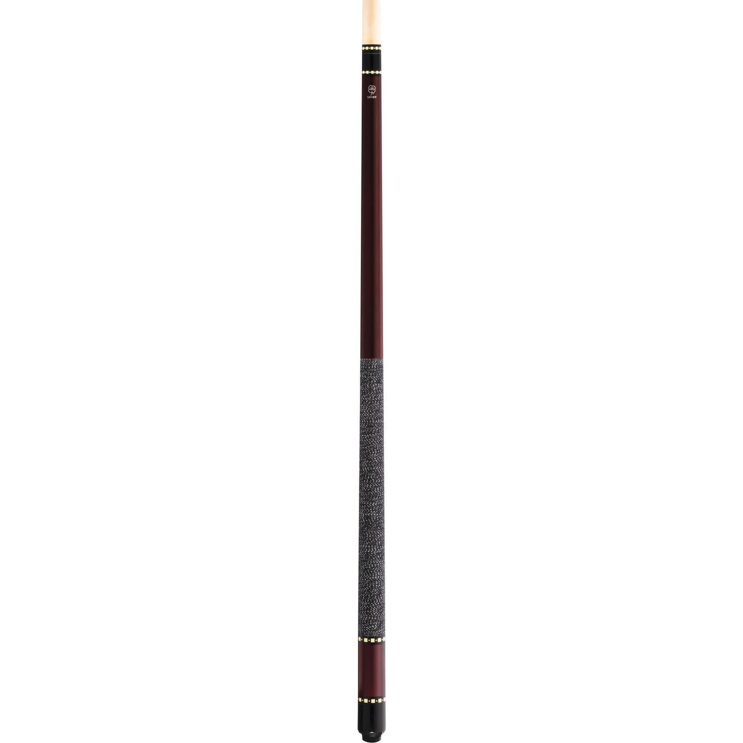 Full view of McDermott Lucky L10 pool cue with metallic red paint, overlay index rings, and Irish linen wrap.