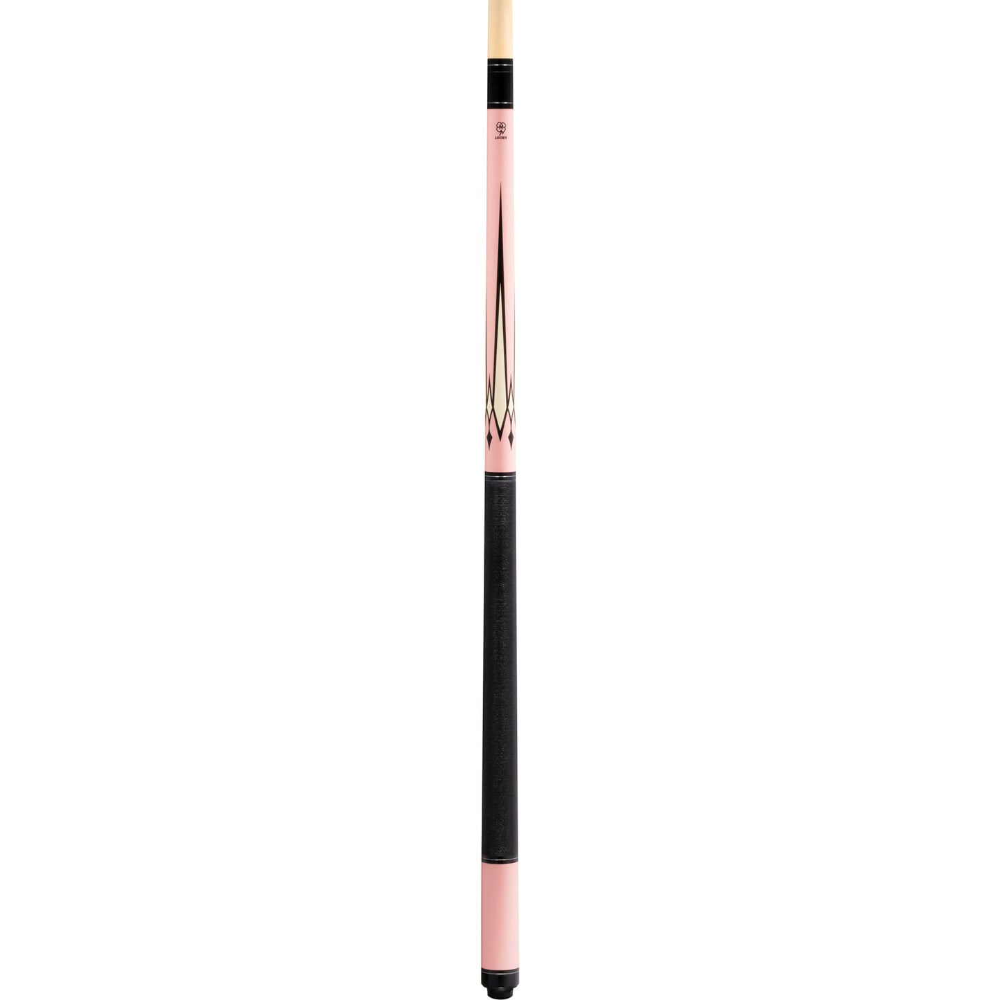 McDermott Lucky Pool Cue. Full cue view showcasing metallic pink finish, overlay points, and Irish linen wrap.