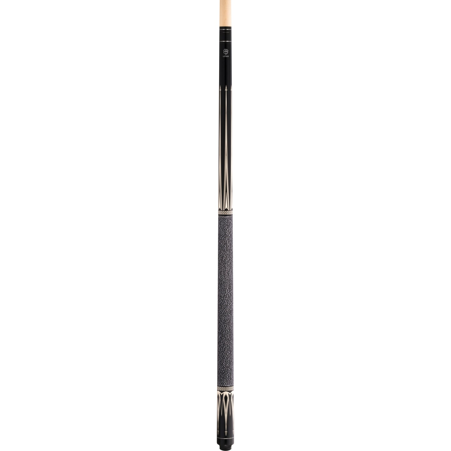 McDermott Lucky L22 pool cue, full view. Black forearm with classic overlay point styling, matching sleeve graphics, and Irish linen wrap.