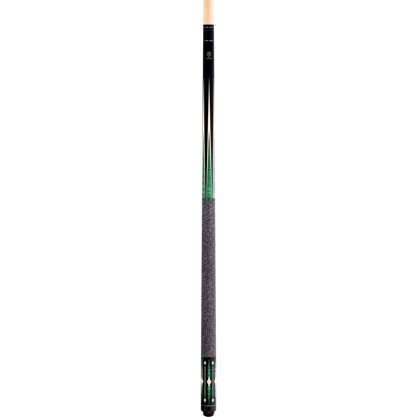 Full McDermott Lucky L28 pool cue. Black maple design with green and white points, diamond sleeve, and Irish linen wrap.
