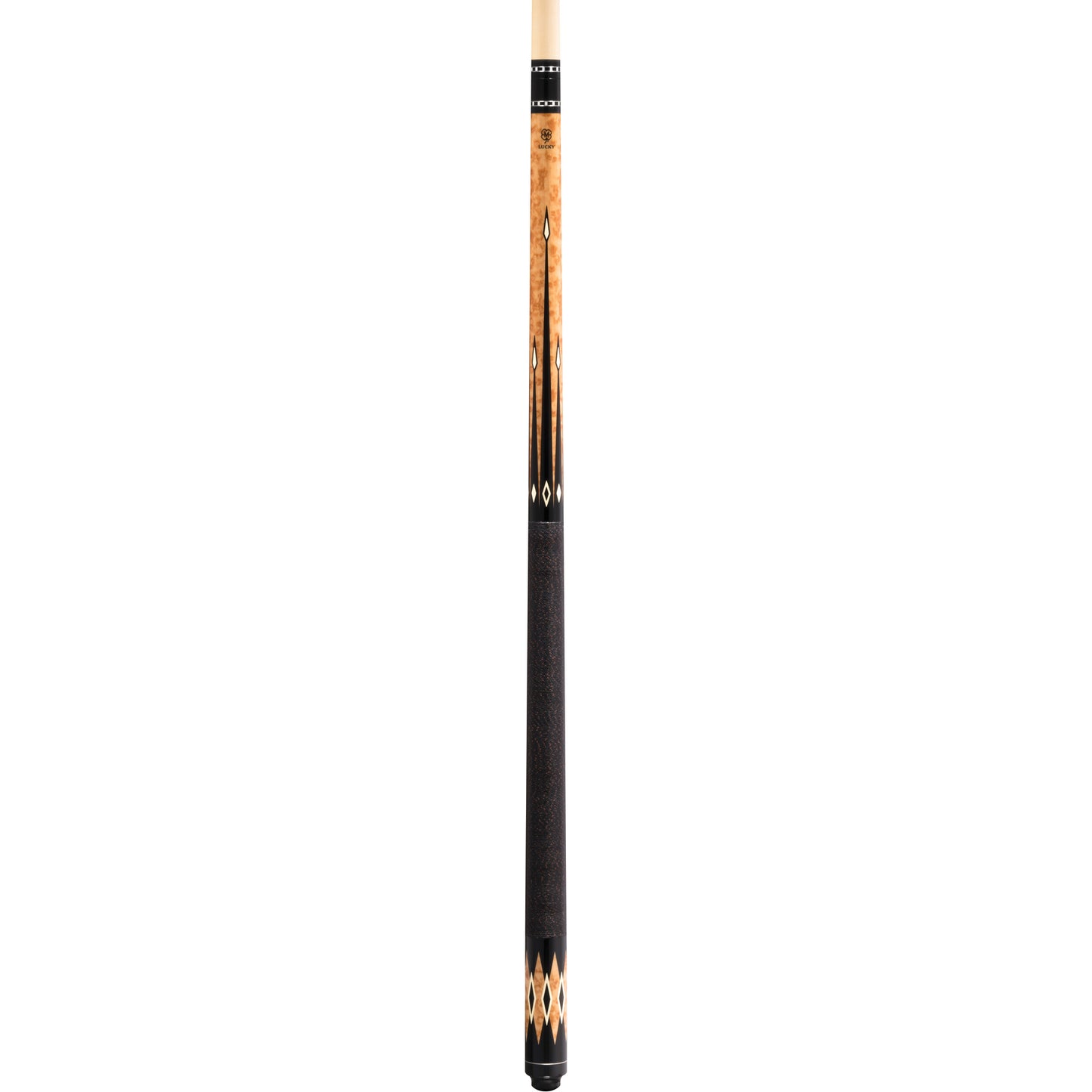 McDermott Lucky L33 pool cue, full length view. Displays brown burl wood overlay and a wrapless handle.