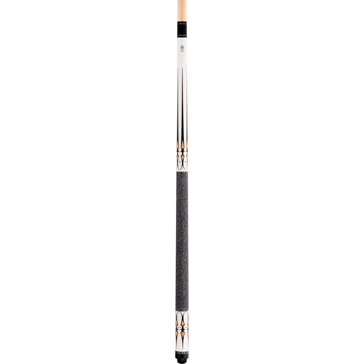 McDermott Lucky L40 pool cue, full view. White forearm, multi-color overlay points and sleeve, Irish linen wrap.