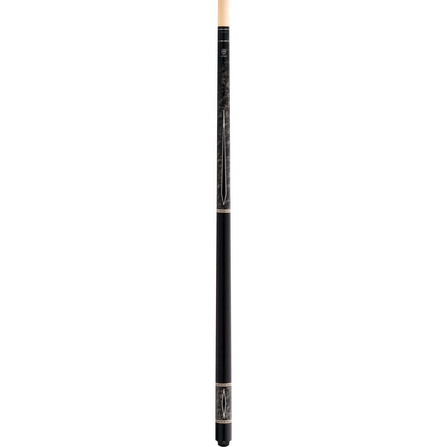 Full McDermott Lucky L54 pool cue with grey burl overlay, multi-color points, and textured handle.