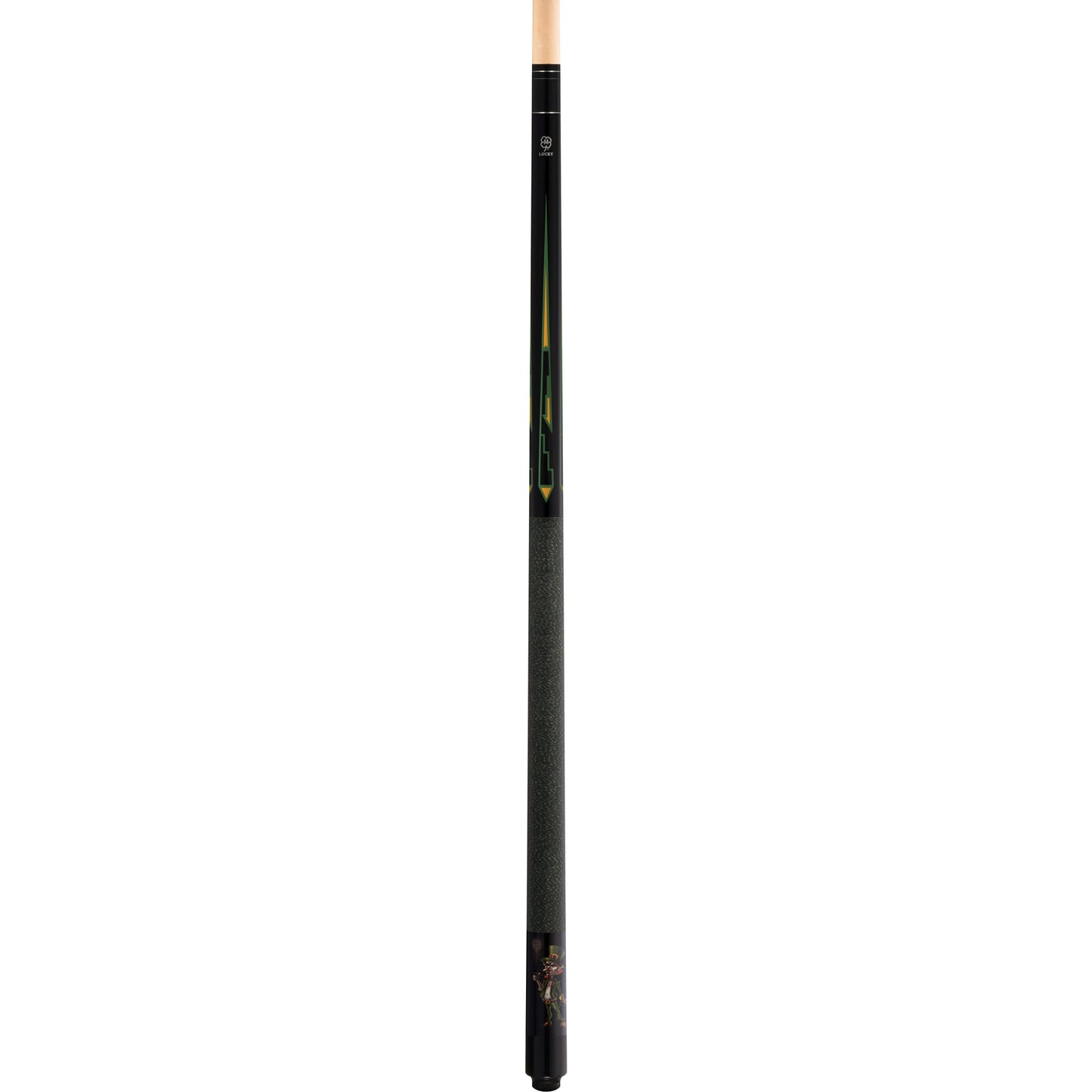 McDermott Lucky L65 pool cue, full view. Black finish with green and yellow graphics and leprechaun sleeve design.