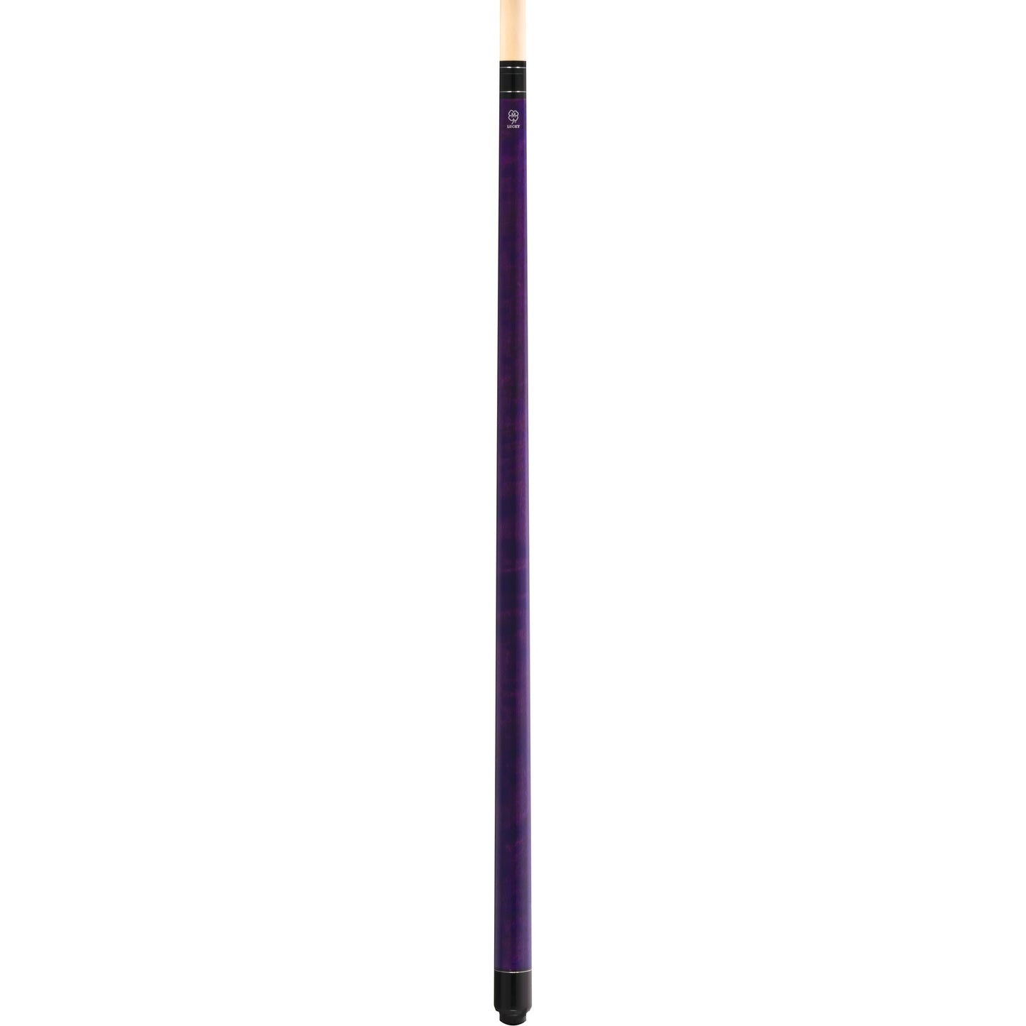 McDermott Lucky L69 pool cue, purple stained maple, no-wrap handle, silver rings, full cue view.