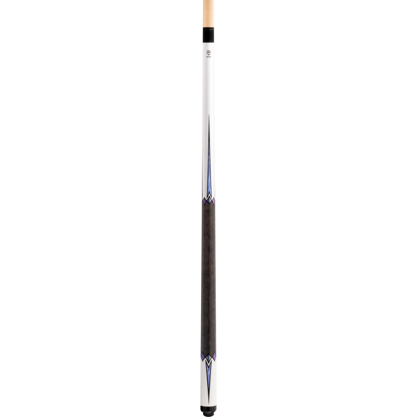 Full view of McDermott Lucky L75 Pool Cue. White finish, multi-color points, wrapless handle, 3/8x10 joint.