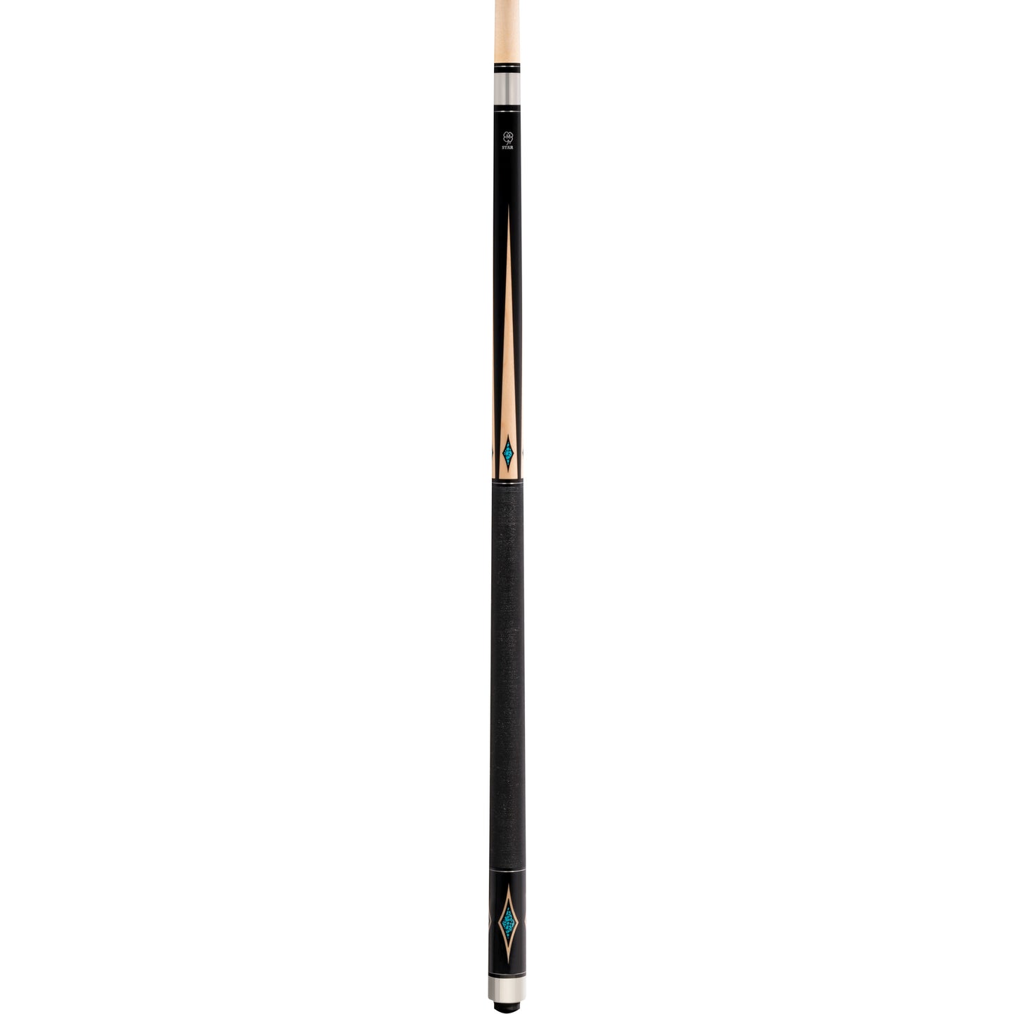 Full view of a black pool cue with turquoise inlay diamond designs.