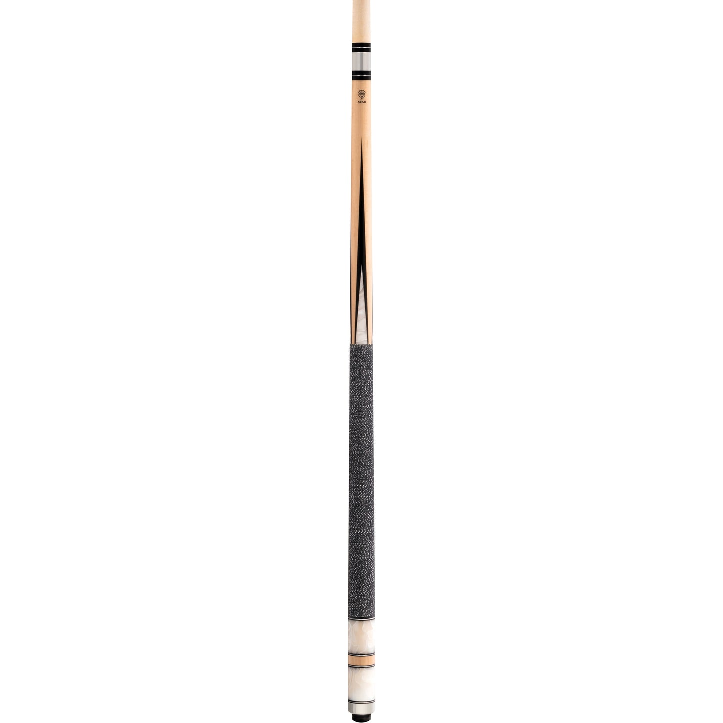 Full view of a pool cue featuring a textured wrap and ringed accents.