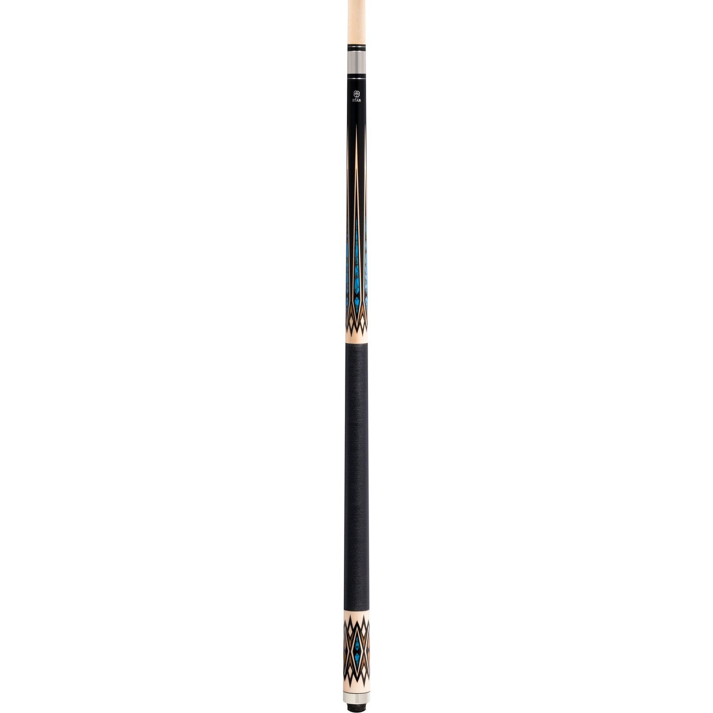 Close-up of the McDermott Star S83 pool cue mid-section, highlighting the geometric point design, turquoise-style accents, and Irish linen wrap.